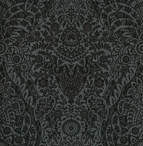 2973-87365 Maris Flock Damask Wallpaper with Illustrative Botanicals Detailed in Charcoal Black Colors Glam Style Unpasted Non Woven by Brewster