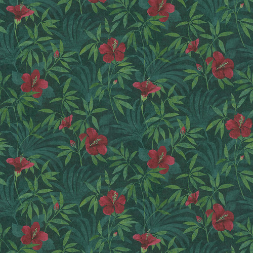 4044-38028-1 Malecon Floral Wallpaper in Green Red Colors with Palm Fonds Vintage Style Unpasted Non Woven Vinyl Wall Covering by Brewster