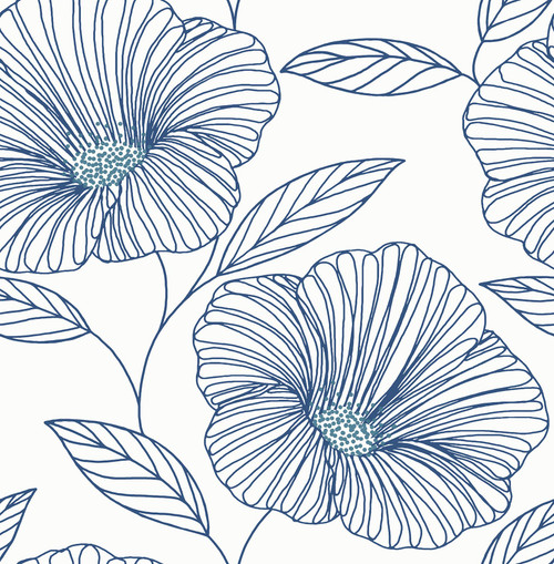 2973-91135 Mythic Floral Wallpaper with Simply Outlined Stem in Blue White Colors Modern Style Unpasted Acrylic Coated Paper by Brewster