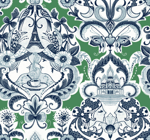 2973-90887 Sadie Parisian Damask Wallpaper with Charming Cafe Scene in Green Blue Colors Eclectic Style Unpasted Acrylic Coated Paper by Brewster