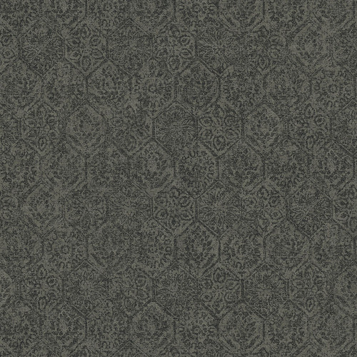 4044-38022-3 Edsel Geometric Wallpaper in Charcoal Black Colors with Distressed Florals Traditional Style Unpasted Non Woven Vinyl Wall Covering by Brewster