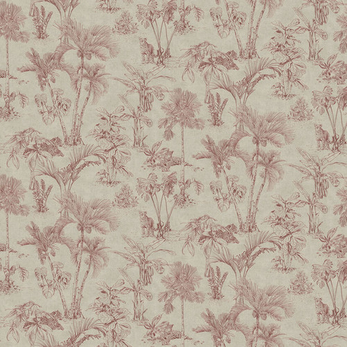 4044-38021-3 Zapata Tropical Jungle Wallpaper in Merlot Red Colors with Lush Foliage and Lurking Jaguars Tropical Style Unpasted Non Woven Vinyl Wall Covering by Brewster