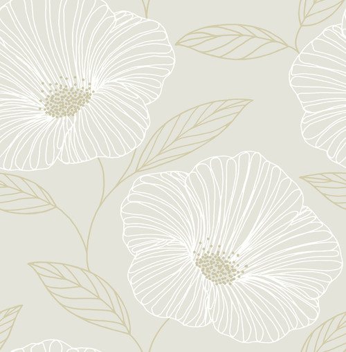 2973-91131 Mythic Floral Wallpaper with Flower Centers in Dove Neutral Gold Colors Modern Style Unpasted Acrylic Coated Paper by Brewster