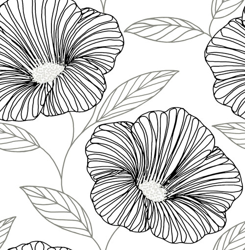 2973-91134 Mythic Floral Wallpaper with Bold Lines in Black White Silver Colors Modern Style Unpasted Acrylic Coated Paper by Brewster