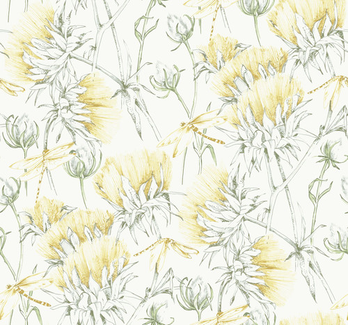 2973-90404 Mariell Dragonfly Wallpaper with Feathery Flowers in Gold Yellow Green Blue  Colors Modern Style Unpasted Acrylic Coated Paper by Brewster