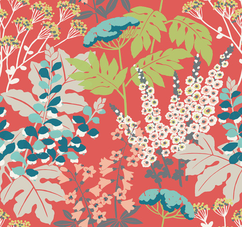 2973-90021 Brie Forest Flowers Wallpaper with Large Scale Wildflowers in Red Green Pink Grey Colors Modern Style Unpasted Acrylic Coated Paper by Brewster