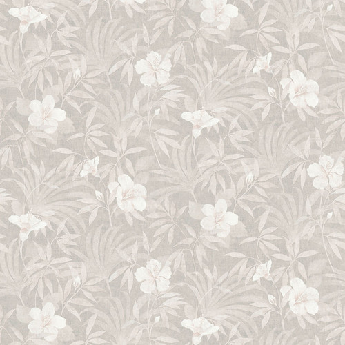 4044-38028-4 Malecon Floral Wallpaper in Grey Neutral Colors with Palm Fronds and Flowers Vintage Style Unpasted Non Woven Vinyl Wall Covering by Brewster