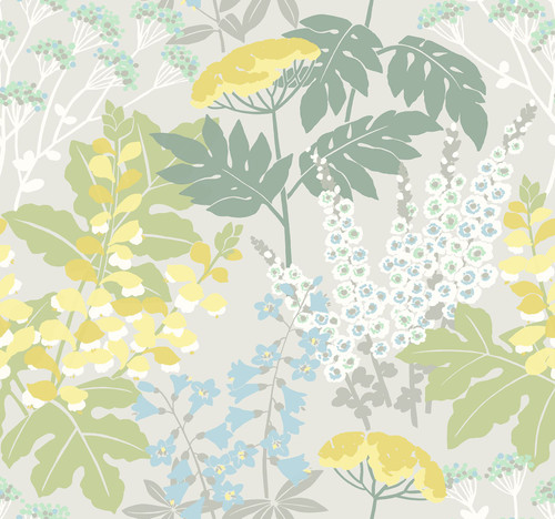 2973-90009 Brie Forest Flowers Wallpaper with Large Scale Wildflowers in Pastel Green Yellow Blue Gray Colors Modern Style Unpasted Acrylic Coated Paper by Brewster