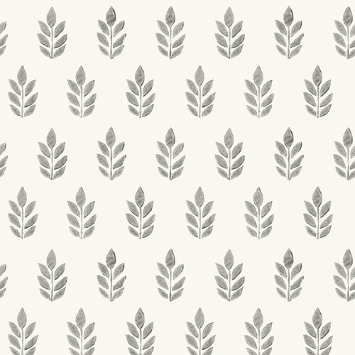 3122-11300 Ervic Charcoal Leaf Block Print Wallpaper with Seven Leafed Frond Inked in Charcoal Black White Colors Farmhouse Style Prepasted Acrylic Coated Paper