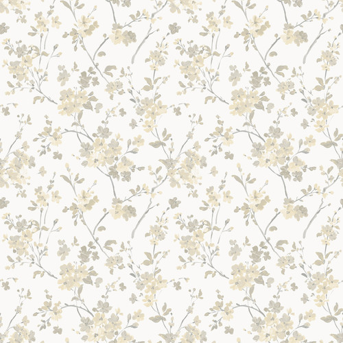 3122-10903 Glinda Light Yellow Floral Trail Wallpaper with Feminine Vintage Stylings in Light Yellow Neutral White Colors Farmhouse Style Prepasted Acrylic Coated Paper