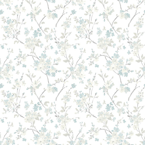 3122-10910 Glinda Aqua Floral Trail Wallpaper with Hand Painted Flowers in Aqua Blue Gray White Colors Farmhouse Style Prepasted Acrylic Coated Paper