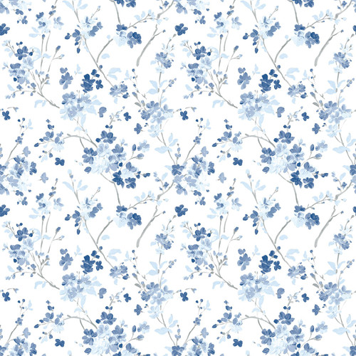 3122-10902 Glinda Navy Floral Trail Wallpaper with Feminine Vintage Stylings in Navy Blue White Colors Farmhouse Style Prepasted Acrylic Coated Paper