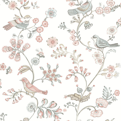 3122-10805 Jinjur Blush Bird Trail Wallpaper with Twining Vines in Blush Pink Off White Gray Colors Farmhouse Style Prepasted Acrylic Coated Paper