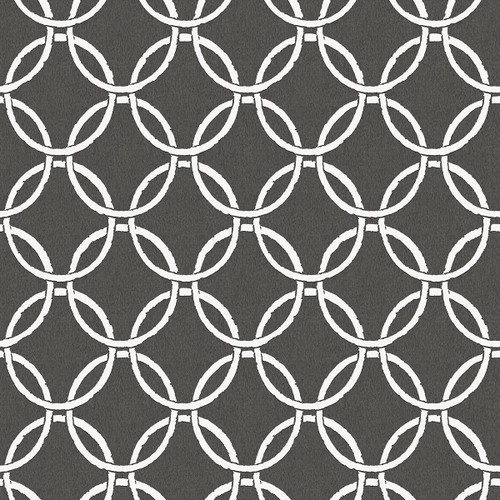 3122-11000 Quelala Black Ring Ogee Wallpaper with Interlocking Circle Chain in Black White Colors Modern Style Prepasted Acrylic Coated Paper