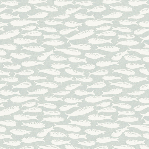 3122-10502 Nunkie Light Blue Sardine Wallpaper with Playful Coastal Charm in Light Blue Off White Colors Coastal Style Prepasted Acrylic Coated Paper