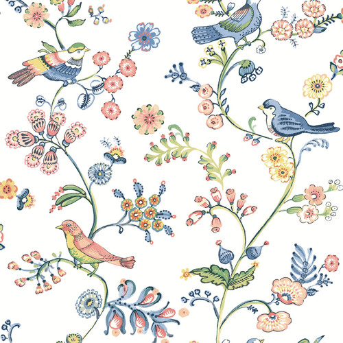 3122-10801 Jinjur Bird Trail Wallpaper with Beautiful Flowering Vines in Pink Blue Green White Colors Farmhouse Style Prepasted Acrylic Coated Paper