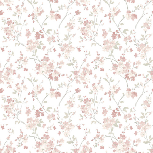 3122-10908 Glinda Rose Floral Trail Wallpaper with Hand Painted Flowers in Rose Pink Beige White Colors Farmhouse Style Prepasted Acrylic Coated Paper