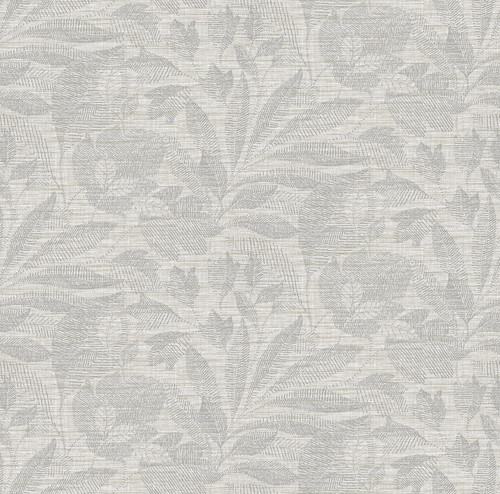 2971-86152 Lei Etched Leaves Wallpaper with Linen Esque Backdrop Leaf Imprints in Silver Grey Colors Farmhouse Style Non Woven Backed Vinyl Unpasted by Brewster