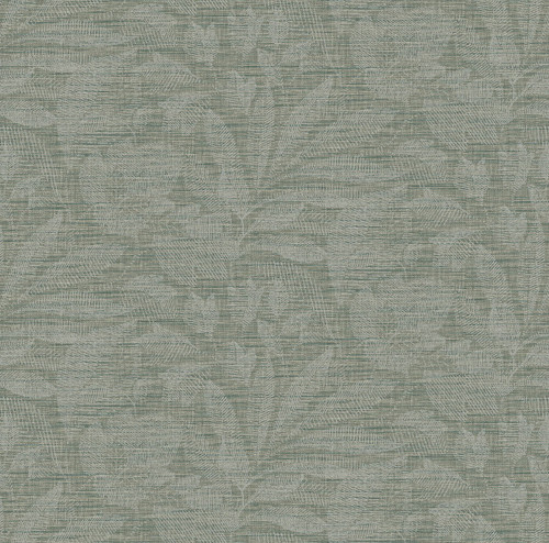 2971-86151 Lei Etched Leaves Wallpaper with leaf imprints Line Overlay in Jade Sage Green Colors Farmhouse Style Non Woven Backed Vinyl Unpasted by Brewster