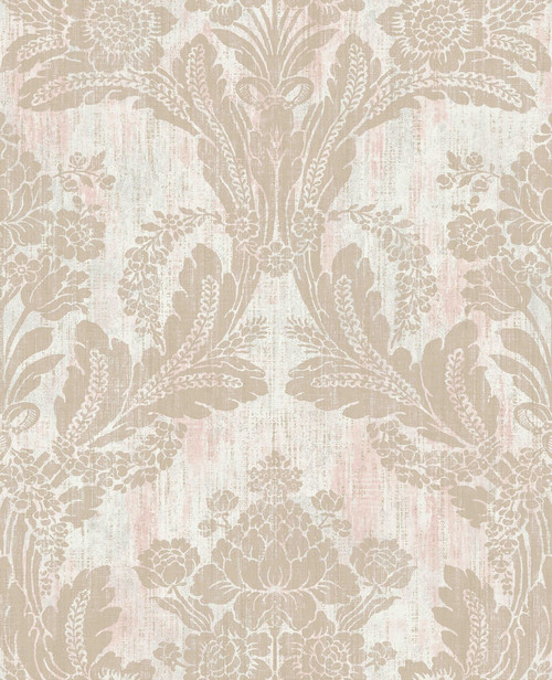 2835-M1411 Zemi Damask Wallpaper with Raised Inks Distressed Details in Light Pink Neutral Ivory Colors Traditional Style Unpasted Vinyl by Brewster
