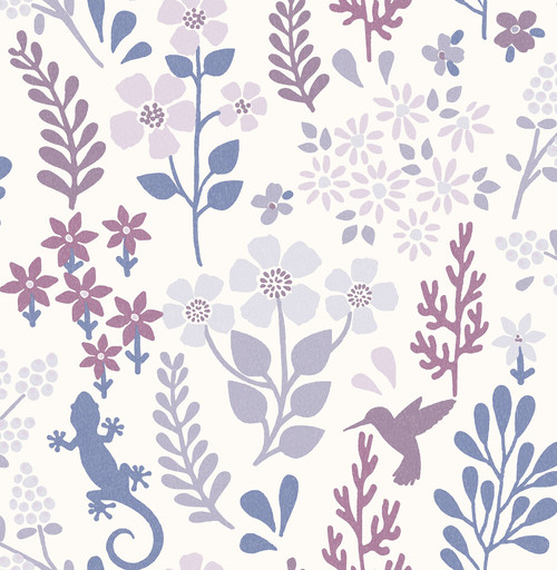 NUS4621 Zoey Leaf Peel & Stick Wallpaper with Lizards Hummingbirds Floral Fronds in Periwinkle Blue Colors Modern Style Peel and Stick Adhesive Vinyl
