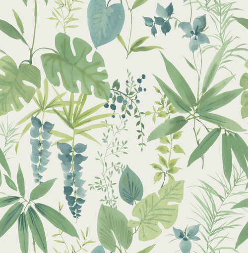 NUS4008 Maldives Peel & Stick Wallpaper with Flourishing Botanical Design in Green Blue Off White Colors Bohemian Style Peel and Stick Adhesive Vinyl