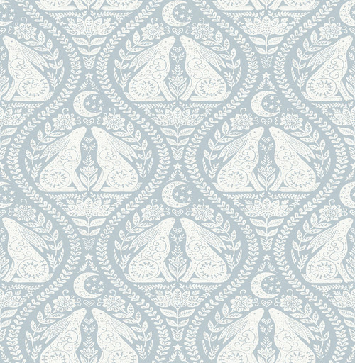 NUS4011 Moon Rabbit Peel & Stick Wallpaper with Whimsical Bohemian Nature in Blue Off White Colors Bohemian Style Peel and Stick Adhesive Vinyl