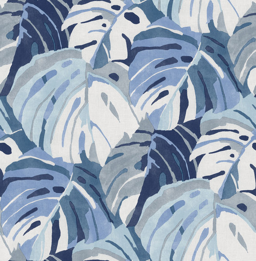 NUS4161 Adansonii Peel & Stick Wallpaper with Bold Monstera Leaves in Blue White Gray Colors Tropical Style Peel and Stick Adhesive Vinyl