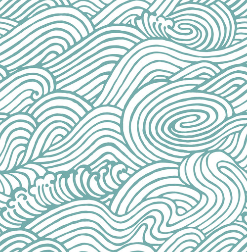 NUS4164 Saybrook Peel & Stick Wallpaper with Aqua Waves Curl in Teal Blue White Colors Coastal Style Peel and Stick Adhesive Vinyl