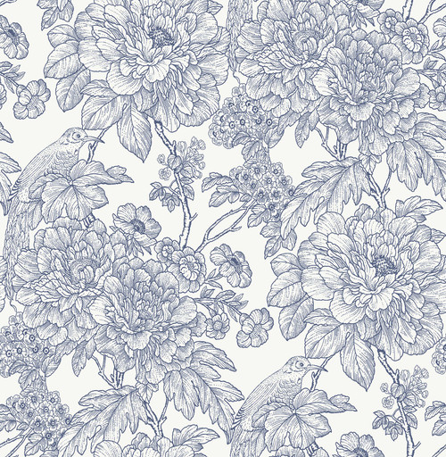 NUS4289 Sudbury Peel & Stick Wallpaper with Curious Birds Blossoming Vines in Blue Off White Colors Vintage Style Peel and Stick Adhesive Vinyl