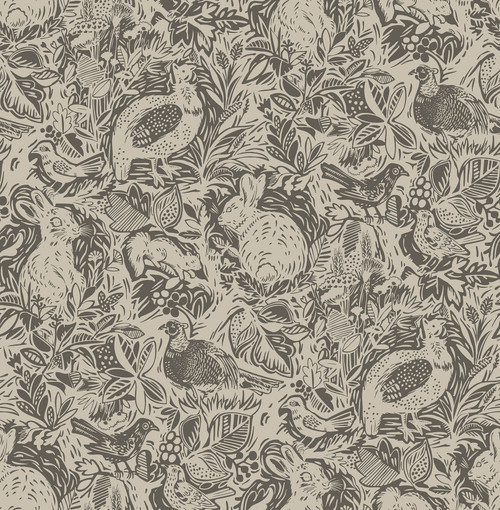 NUS4303 Terrene Peel & Stick Wallpaper with Rabbits Birds and Squirrels in Charcoal Grey Colors Whimsical Style Peel and Stick Adhesive Vinyl