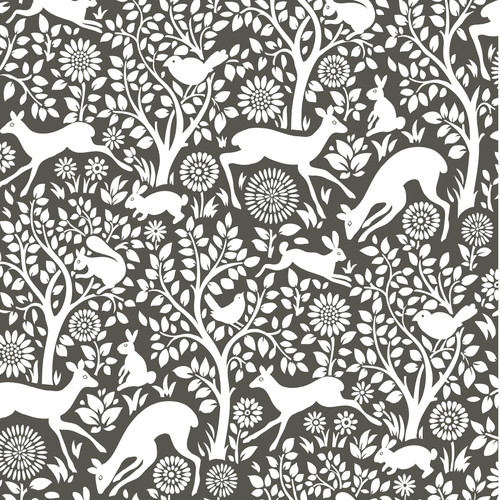 NUS3146 Charcoal Merriment Peel & Stick Wallpaper with Songbirds Bunnies and Squirrels in Charcoal Grey Colors Scadinavian Style  Peel and Stick Adhesive Vinyl