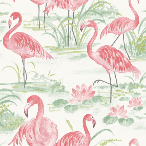 NUS3679 Flamingo Beach Peel & Stick Wallpaper with a Hand Painted Technique in Pink Green Colors Tropical Style Peel and Stick Adhesive Vinyl