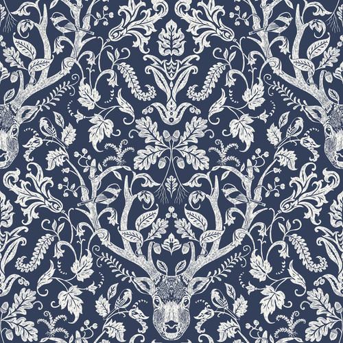 NUS3680 Escape to the Forest Peel & Stick Wallpaper with Whimsical Damask Design in Navy Blue Colors Retro Style Peel and Stick Adhesive Vinyl