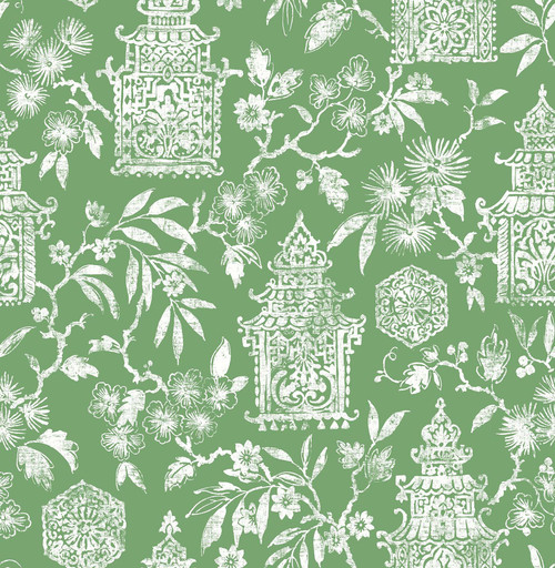 NUS4036 Danson Peel & Stick Wallpaper with Array Flowers and Temple Ornate Design in Green White Colors Eclectic Style Peel and Stick Adhesive Vinyl