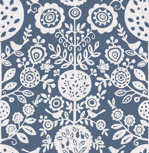 NUS4031 Anya Peel & Stick Wallpaper with Scandinavian Flare Folksy Floral Design in Navy Blue Colors Scandinavian Style Peel and Stick Adhesive Vinyl