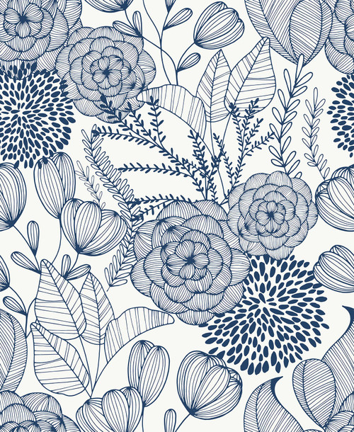 NUS3830 Secret Garden Peel & Stick Wallpaper with Hand Painted Design in Navy Blue Colors Whimsical Style Peel and Stick Adhesive Vinyl