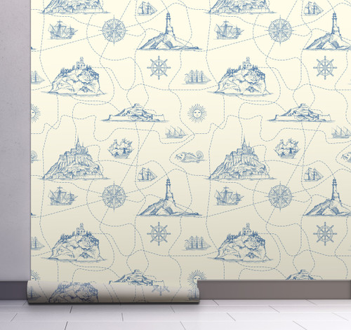 GW1051 Nautical Map Peel and Stick Wallpaper Roll 20.5 inch Wide x 18 ft. Long, Slate Blue Light Beige