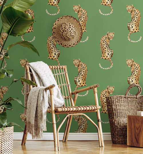 DB20204 Leopard King Animal Print Green Vinyl Self Adhesive Contemporary Style Wallpaper by Daisy Bennett Made in United States