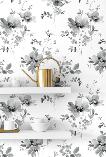 NW42200 Watercolor Windflower Floral Contemporary Style Inkwell Heather Gray Vinyl Self-Adhesive Wallpaper by NextWall Made in United States