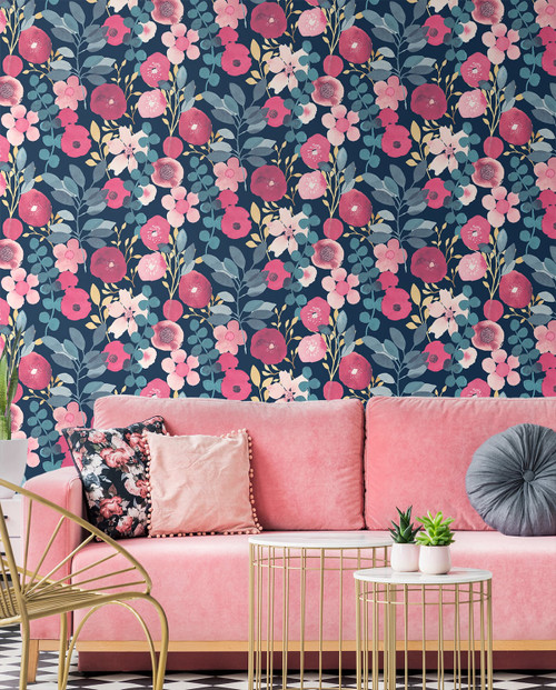 NW44002 Garden Dance Floral Contemporary Style Navy Magenta Blue Vinyl Self-Adhesive Wallpaper by NextWall Made in United States