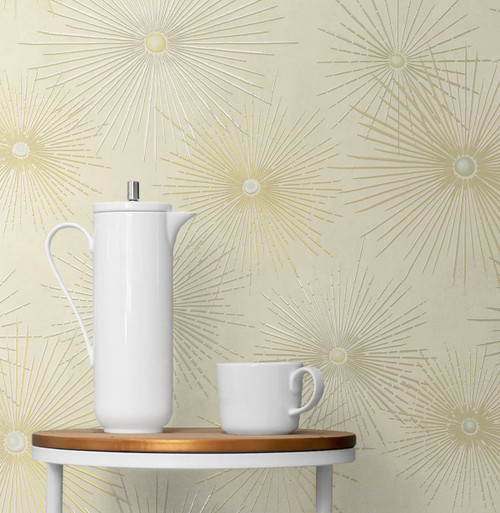 NW43103 Starburst Geo Geometric Mid-Century Modern Style Ivory Metallic Gold Off White Vinyl Self-Adhesive Wallpaper by NextWall Made in United States