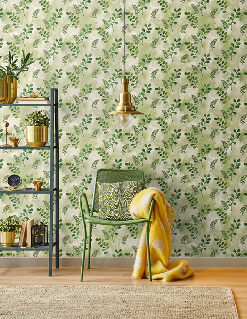 NW44104 Woodland Walk Botanical Contemporary Style Summer Fern Green Vinyl Self-Adhesive Wallpaper by NextWall Made in United States