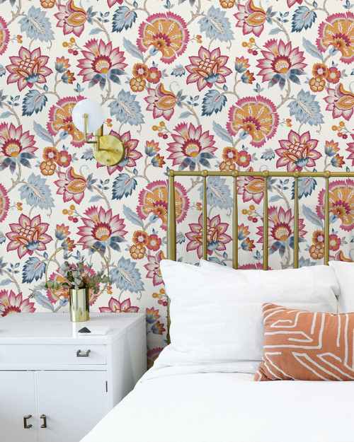 NW42701 Jacobean Blossom Floral Contemporary Style Fandango Pink Bluebird Vinyl Self-Adhesive Wallpaper by NextWall Made in United States