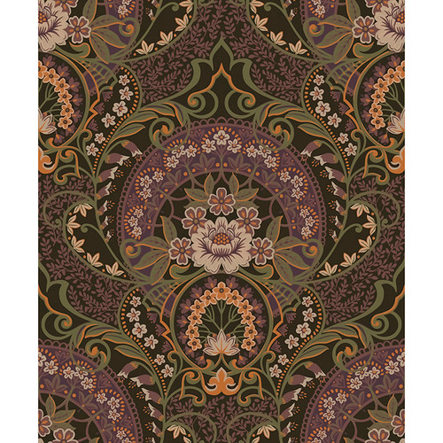 316016 Nasrin Chocolate Coral Purple Damask Wallpaper Non Woven Unpasted Wall Covering Posy Collection from Eijffinger by Brewster Made in Netherlands