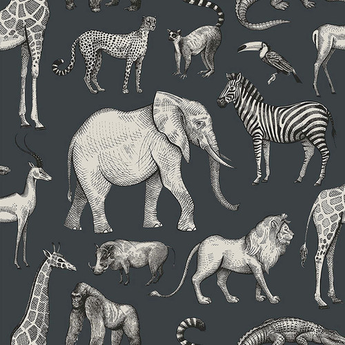 4060-139272 Kenji Navy Blue Safari Wallpaper Non Woven Unpasted Wall Covering Fable Collection from Chesapeake by Brewster Made in Netherlands