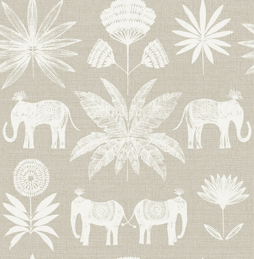 4014-26433 Bazaar Light Gray Neutral Elephant Oasis Animals Wallpaper Non Woven Unpasted Wall Covering Seychelles Collection from A-Street Prints by Brewster Made in Great Britain