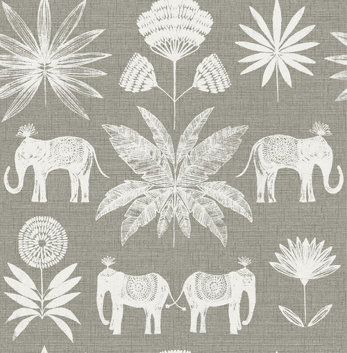 4014-26437 Bazaar Gray Neutral Elephant Oasis Animals Wallpaper Non Woven Unpasted Wall Covering Seychelles Collection from A-Street Prints by Brewster Made in Great Britain