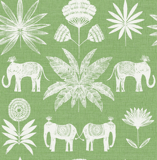 4014-26435 Bazaar Green Elephant Oasis Animals Wallpaper Non Woven Unpasted Wall Covering Seychelles Collection from A-Street Prints by Brewster Made in Great Britain