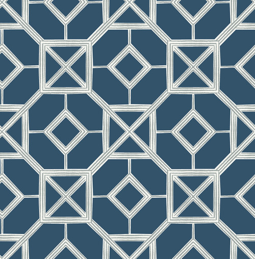 4014-26411 Livia Dark Blue Trellis Geometrics Wallpaper Non Woven Unpasted Wall Covering Seychelles Collection from A-Street Prints by Brewster Made in Great Britain